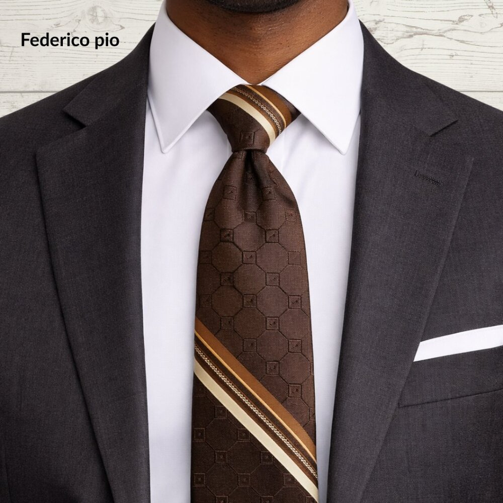 Federico Pio Designers Tie – Brown Geometric & Stripe – 55.5”